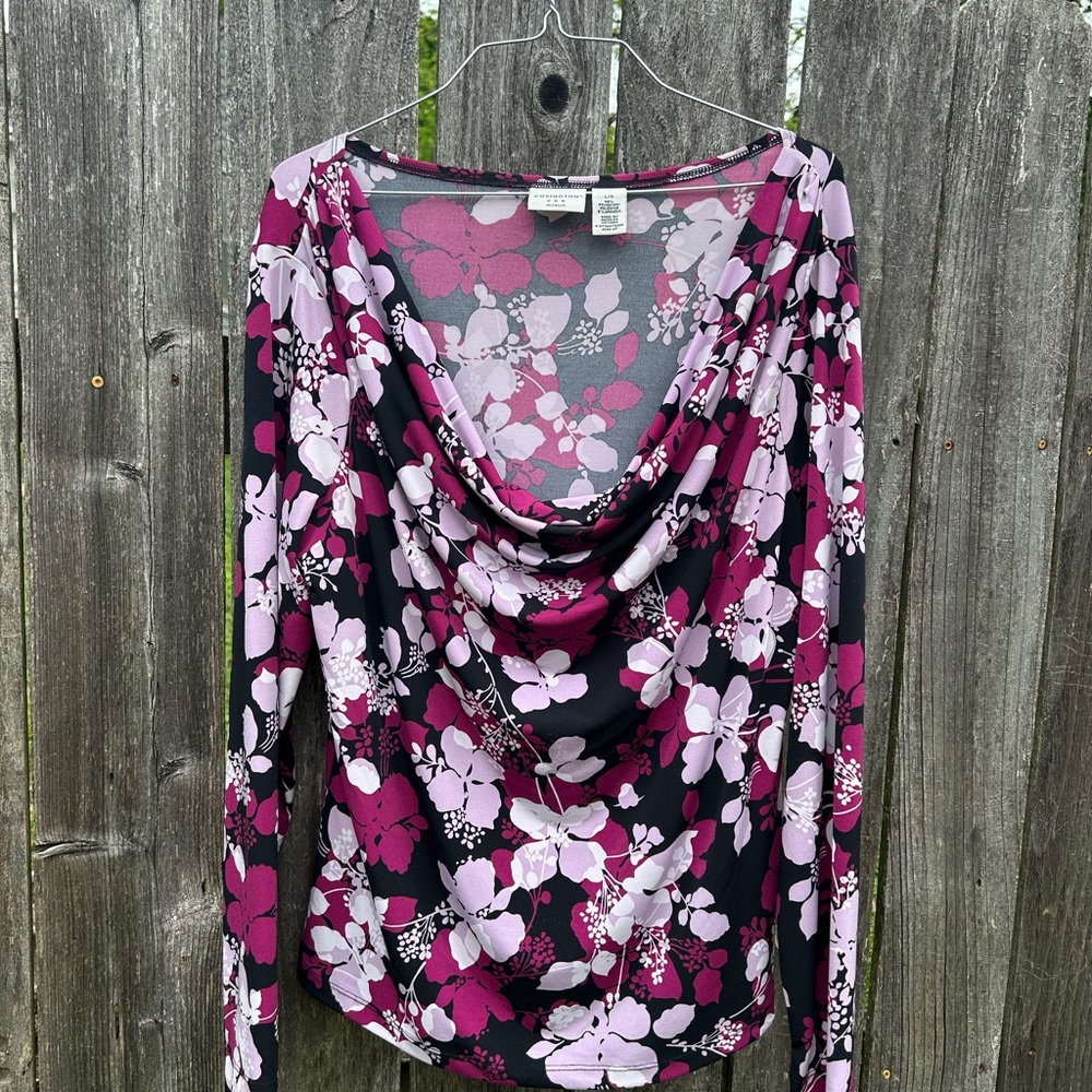 Purple floral swoop neck top